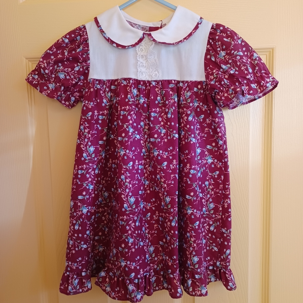 Sears 1980s vintage girls burgundy floral short sleeve dress size 5